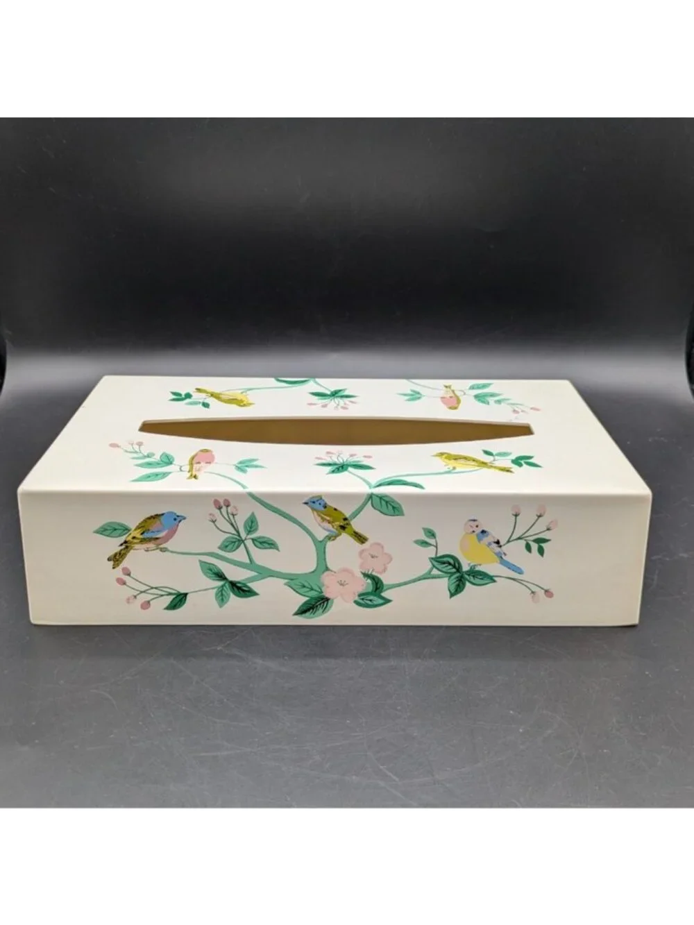 Vintage Tissue Box Cover Birds Flower Branches Floral Hard Plastic Rectangular